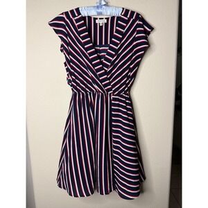 Monteau Los Angeles Striped V-Neck Fit and Flare Dress Red White & Blue Medium